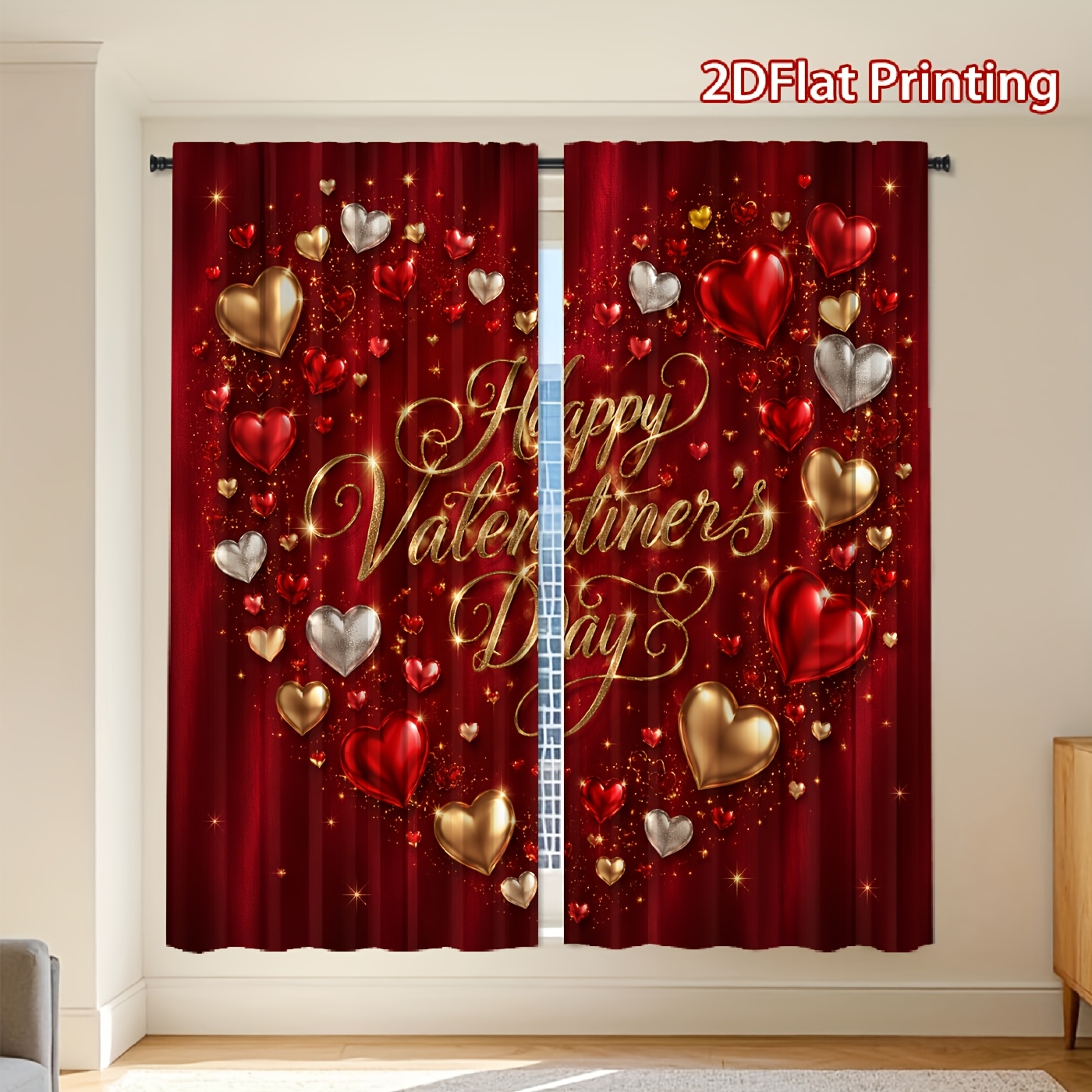 품목 사진 2d 평면, 2개 2d 평면 인쇄 빨간색, 금색, 은색 광택 하트 + 해피 밸런타인데이 인쇄 커튼, 부드러운 조명과 프라이버시 보호에 적합, 간편한 설치 및 걸기를 위한 로드 포켓 스타일. 거실, 주방, 침실, 서재, 발코니, 호텔, 레스토랑, 아파트, 가정 장식에 적합. 커튼 봉 미포함, 2d 평면