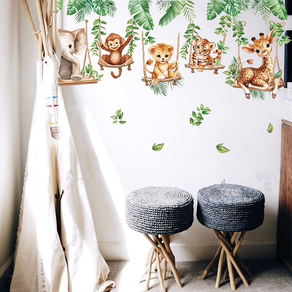 1pc Jungle Animal Swinging Branches Wall Sticker, Lion, Elephant, Giraffe, Tropical Leaves Wall Sticker, Suitable For Bedroom Living Room Home Decorations