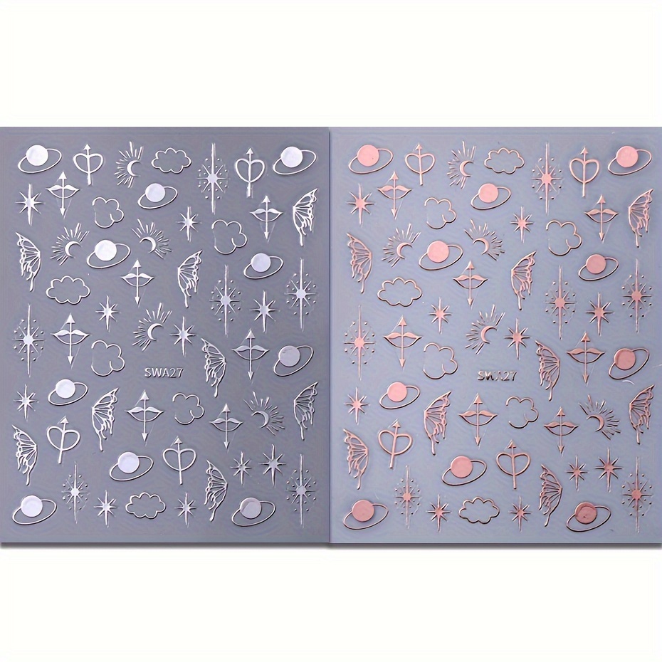2pcs Metallic Silvery Wing Nail Art Stickers 3d Heart Cloud Sun Moon Y2k Design Sliders Manicure Tips Supplies