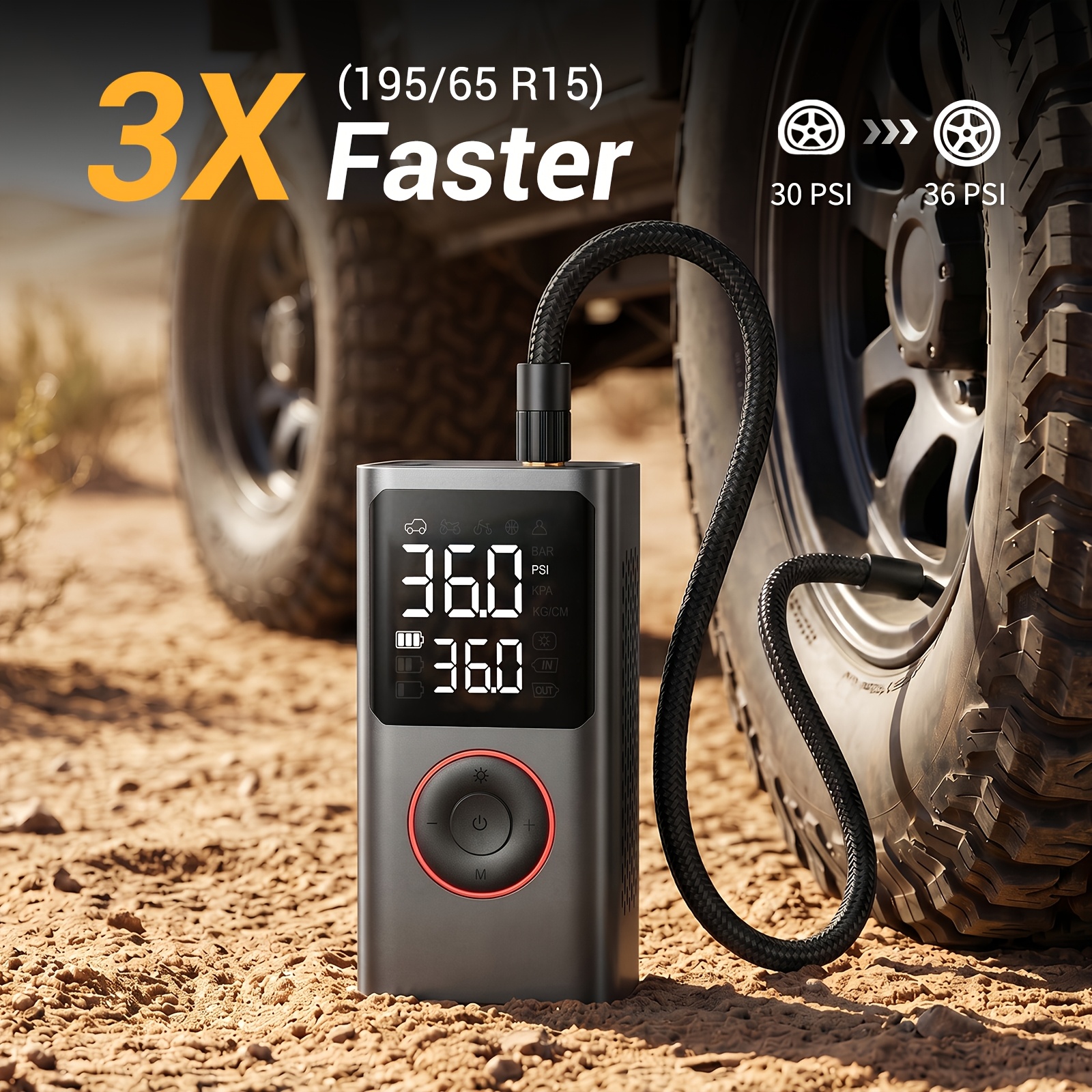 Portable Wireless Tire Inflator, 150PSI High-Pressure Air Compressor, 3x Faster Inflation, Digital Tire Pressure Display, 2000mAh X 2 High-Capacity Batteries, Auto-Stop When Full, Built-in LED Light, Multi-Function Inflation Nozzle
