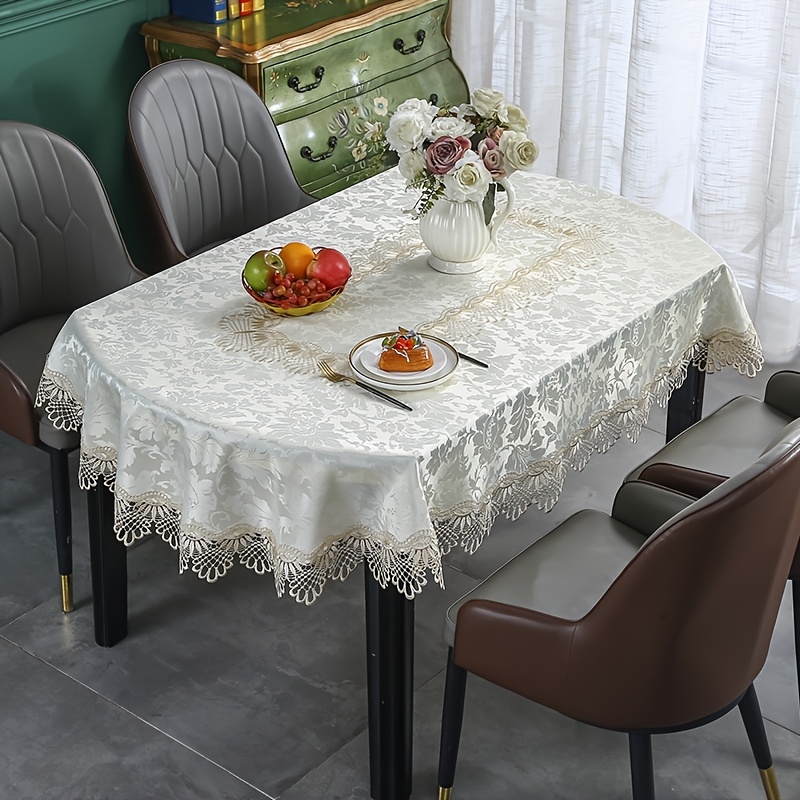 Image of 1pc Oval Embroidered Lace-trimmed Tablecloth, Romantic Polyester Oval Tablecloth, Suitable For Dining Tables, Coffee Tables, Daily Home Decoration, And Wedding Parties Or Festivals