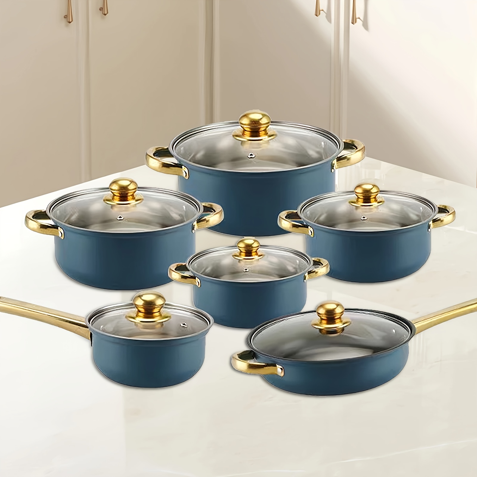 6pcs stainless steel cookware set blue lids   soup pots frying pans milk pots   essentials compatible with   stoves details 1