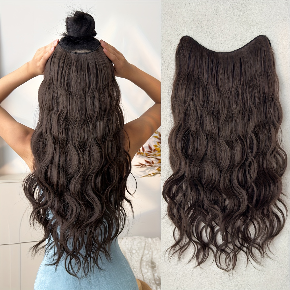 TEMU Extensiones de cabello con pinzas de V, color , ondas de agua de 24 pulgadas de largo, pieza de cabello sintético de fibra resistente al para