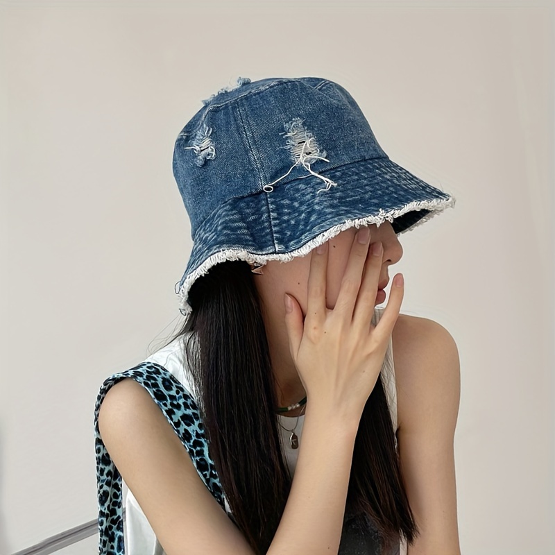 Vintage Denim Bucket Hat Solid Color Washed Distressed Sun Hats Foldable  Boonie Hats For Women Girls