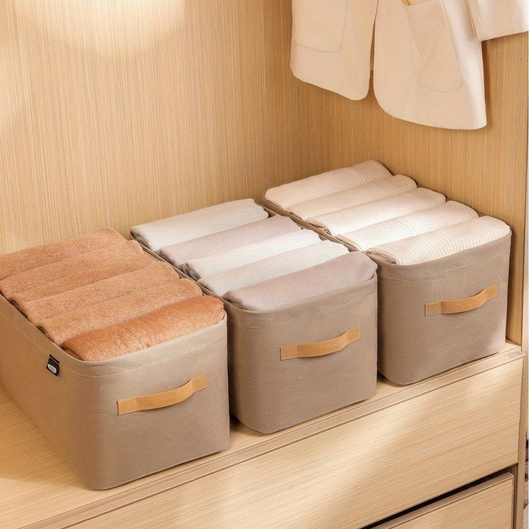 3 Khaki/grey Fabric Storage Bins With Sturdy - Closet Organizer For Clothes, Pants, And Additions, Bohemian Style, Durable And Space- Design, Closet Organization And Storage, Shelf Baskets