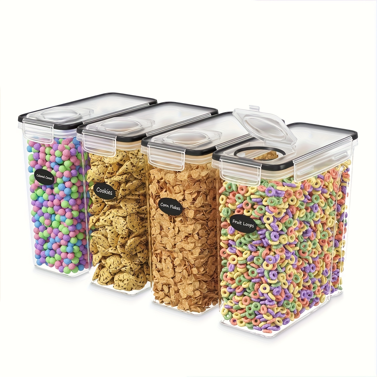 Image of 4pcs Airtight Cereal Containers Storage Set, Airtight Food Storage Containers With Pour Spout For Kitchen & Pantry Organization Storage, Plastic Cereal Dispensers, Matching 20 Labels