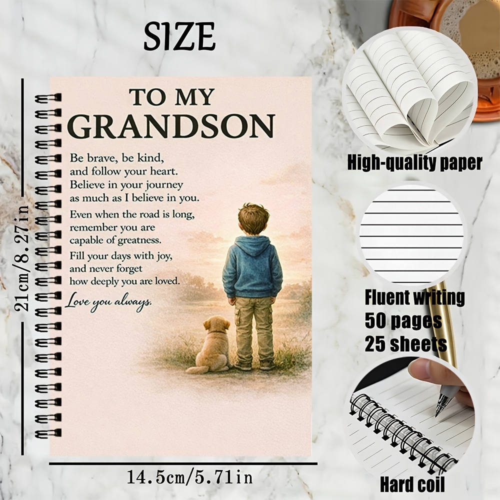 TEMU An Aesthetic "to My Grandson" Themed Spiral Notebook With Boy Puppy Print; Contains 25 Sheets (50 Pages) Of Lined Paper. Perfect Gift For