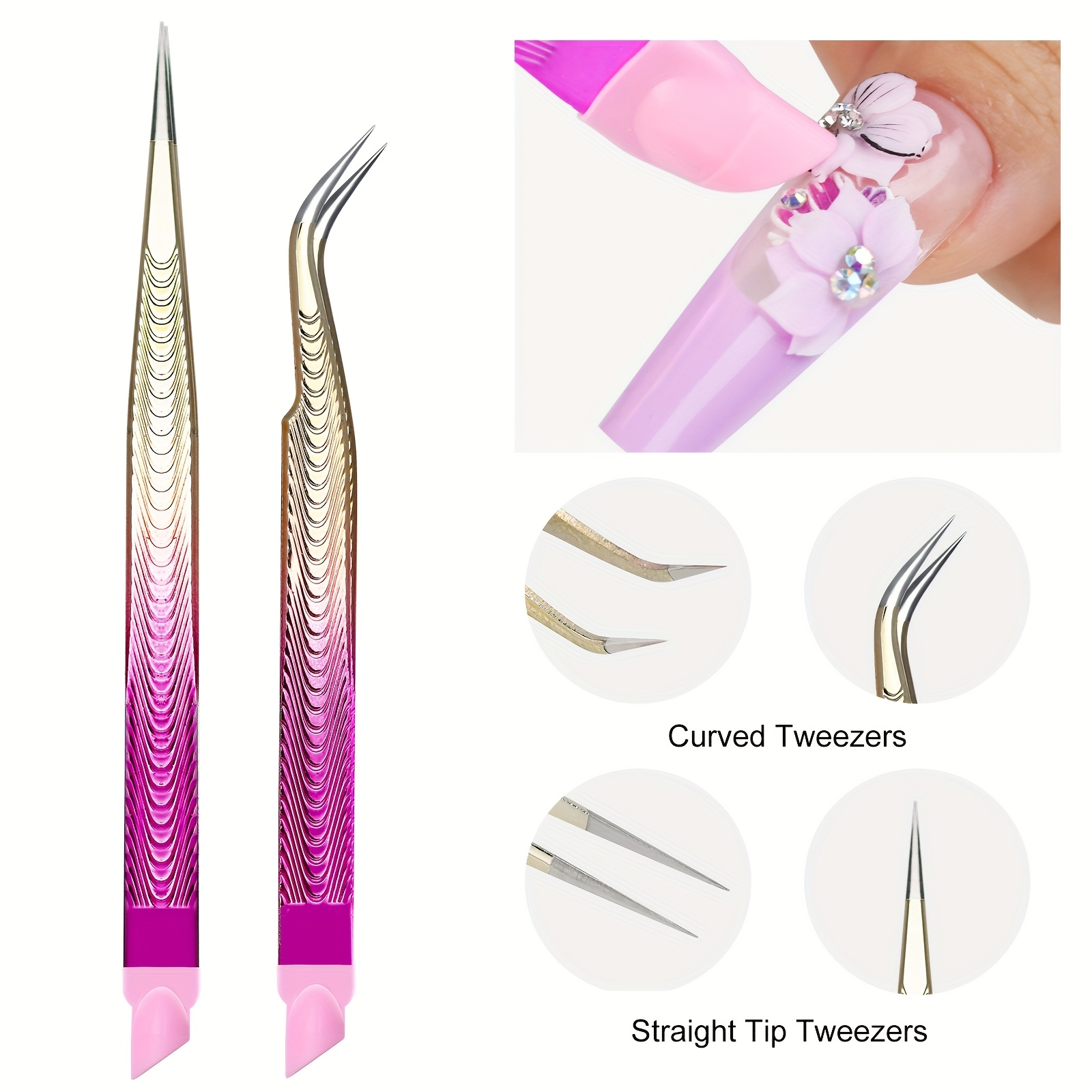 Temu 2Pcs Nail Art Multifunctional Tweezers Stainless Steel Double-Headed Manicure Tweezers With Silicone Press Rod, Fragrance-Free, Suitable For-image