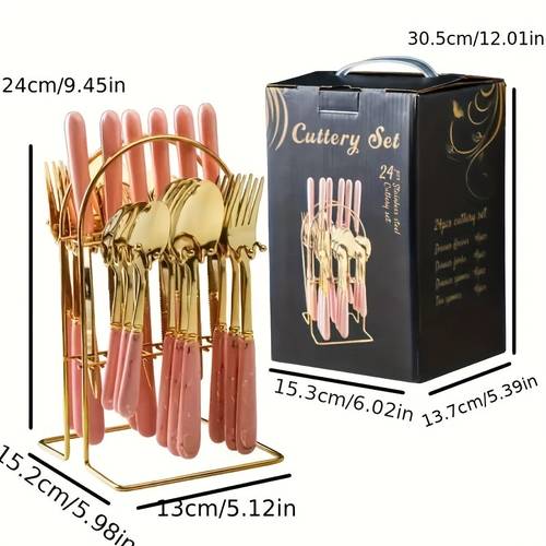 24pcs Cutlery Set, Spoons Forks And Knives All In One Luxury Golden Color With Marble Patterns High-end Tableware For Coffee Ice Cream Dessert Cake, Steak Knives, Hotel Kitchen Household Tableware For Restaurant