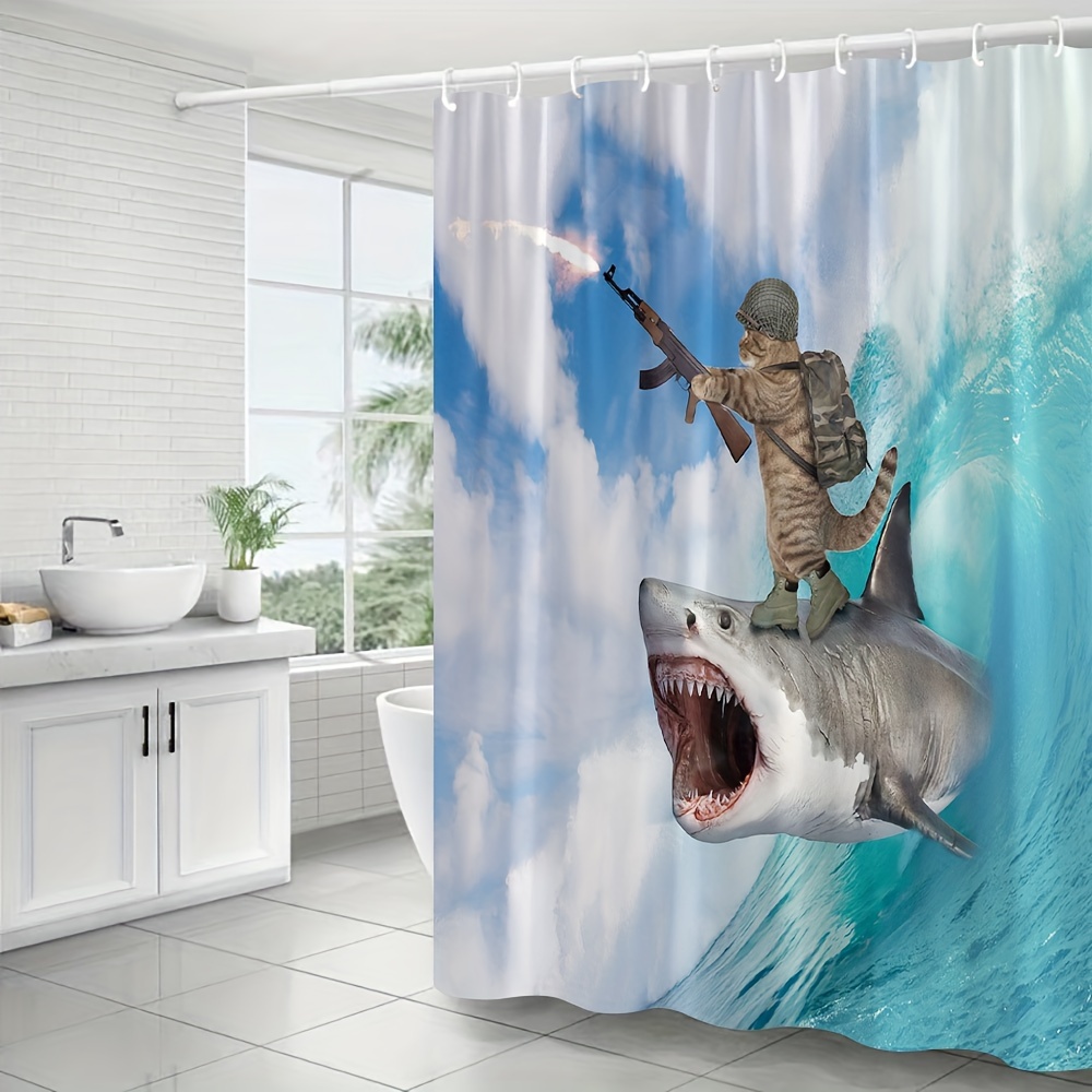 Funny Shower Curtain Cat And Shark In Ocean Wave Pattern - Temu