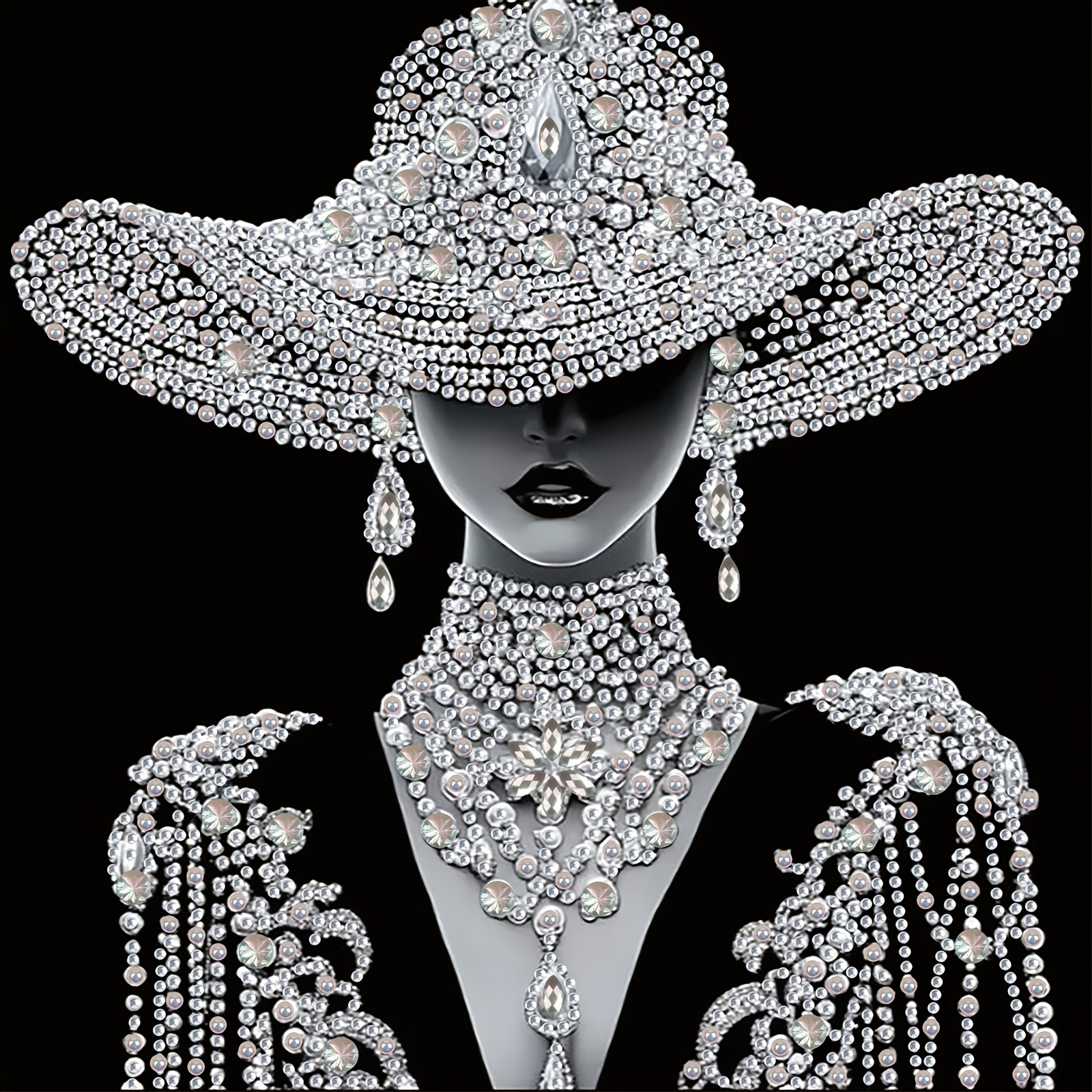 Image of A Set Of "luxury Diamond Hat Girl Black And Fashion Light Luxury Art" Diamond Painting Set, Diy Diamond Painting, Partially Inlaid With Irregular Diamonds, Completed Independently Or As Handmade Gifts