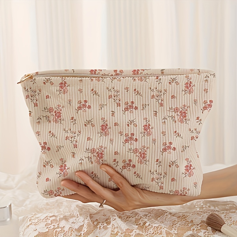 E-shop Schöne kleine Cordtasche mit Blumenmuster und Reißverschluss zur Aufbewahrung von Make-up, leichtgewichtige Make-up-Tasche und multifunktionale