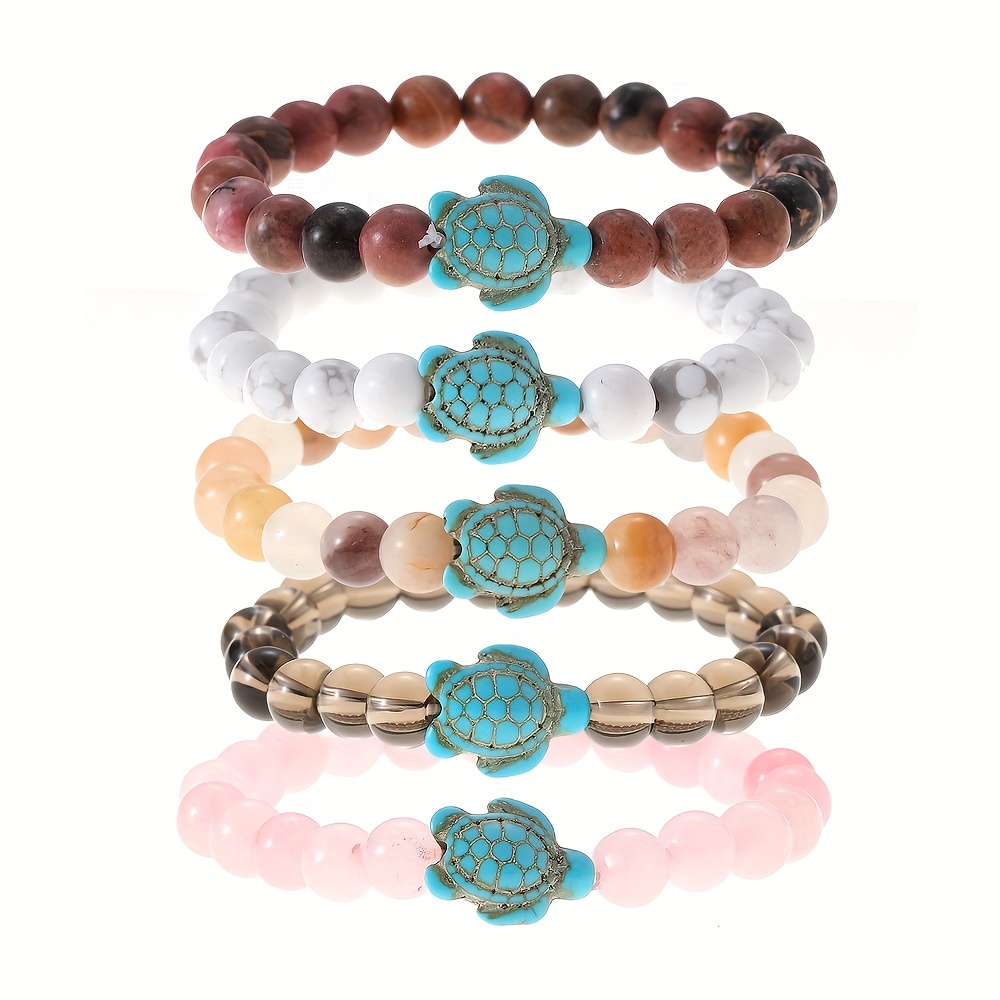 TEMU 5pcs Set Vintage Sea Turtle Turquoise Bohemian Beaded Bangle Bangle Bracelet, Unisex Beach Vacation Jewelry Set