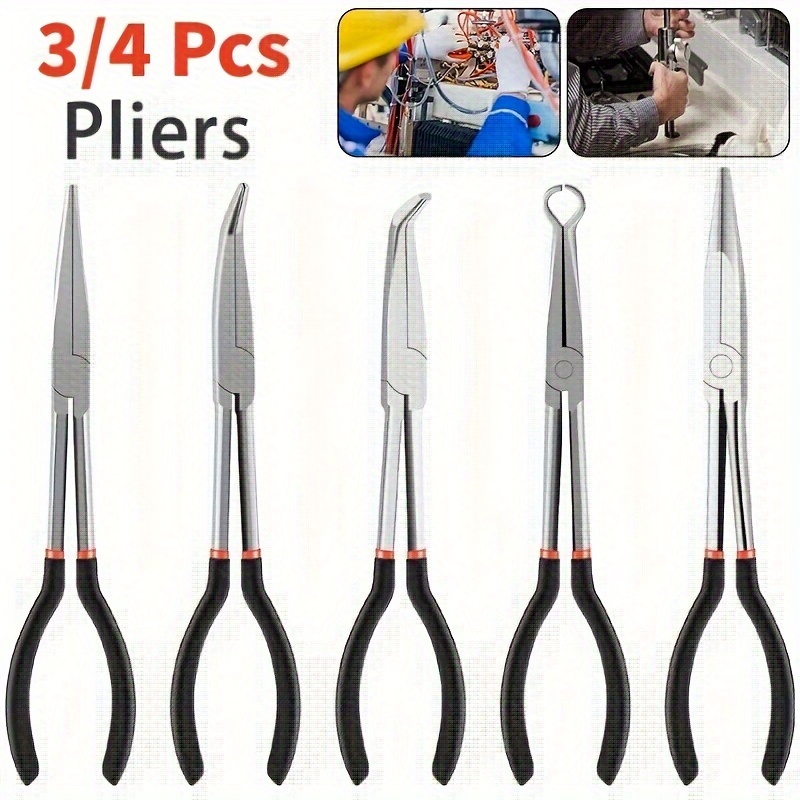 

4-in-1 Heavy-duty Carbon Steel Pliers Set - 3/4/5pcs, Long Needle Nose & Bent 90-degree Spark Plug Wire Removal Tool With 11" Electrical Disconnect & Radiator Hose Clamp