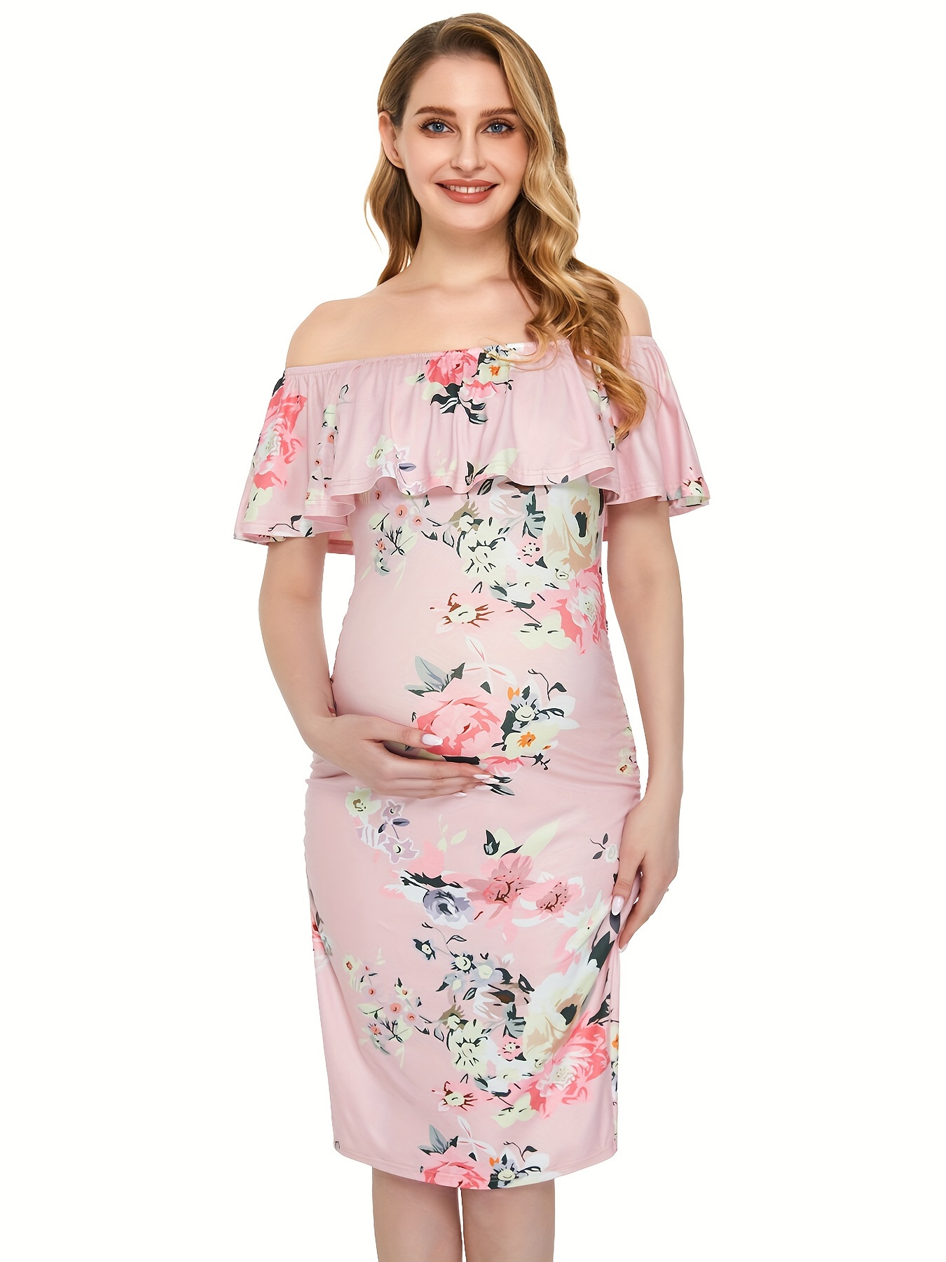 flowy floral maternity dress PinkBlush Green Floral Ruffle Off Shoulder Maternity Maxi Dress Small main image 0