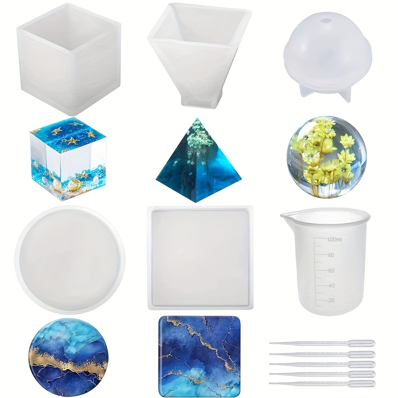E-shop Harz Silikonformen Set 11-teilig, Epoxidharzformen inklusive Kugel, Würfel, Pyramide, Quadrat, Rund, zur Kreation , Untersetzer und komplettes