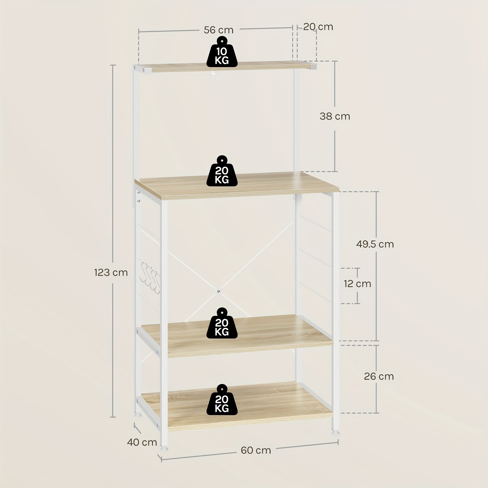 1 étagère de cuisine sur pied, étagère pour micro-ondes, étagère à pain, étagère de ménage, chêne clair + blanc