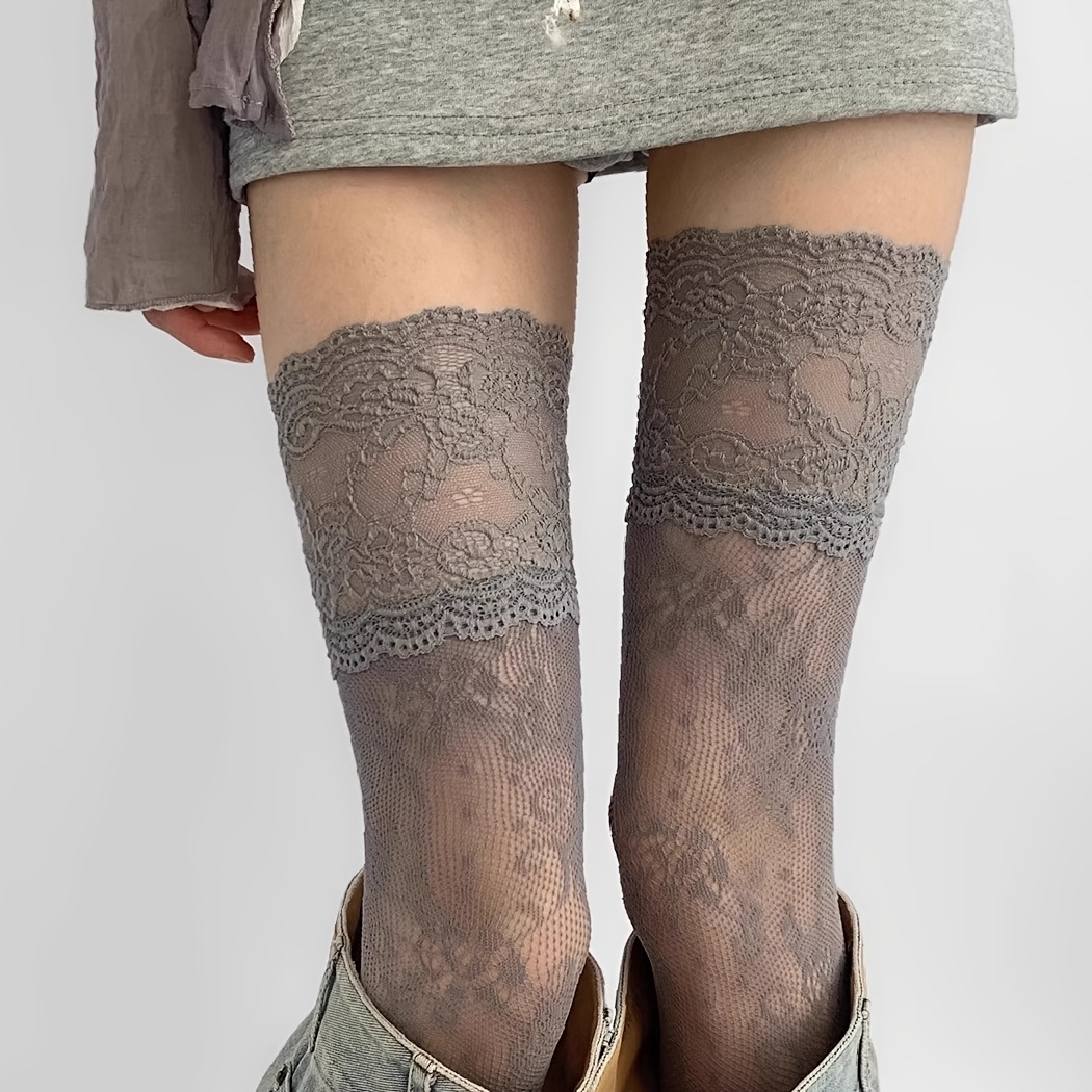 TEMU 1 Pair - Vintage Floral Lace Fishnet Over-the-knee Socks For Women, Compatible With Boots, Skirts, And Jeans