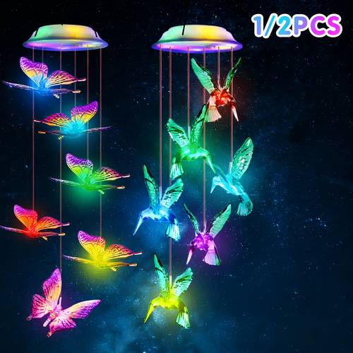 2025 wind chimes 2 pack hummingbird solar lights outdoor waterproof 44 color changing led hanging light garden decor for outside memorial sympathy gifts for mom women for patio yard porch balcony decor