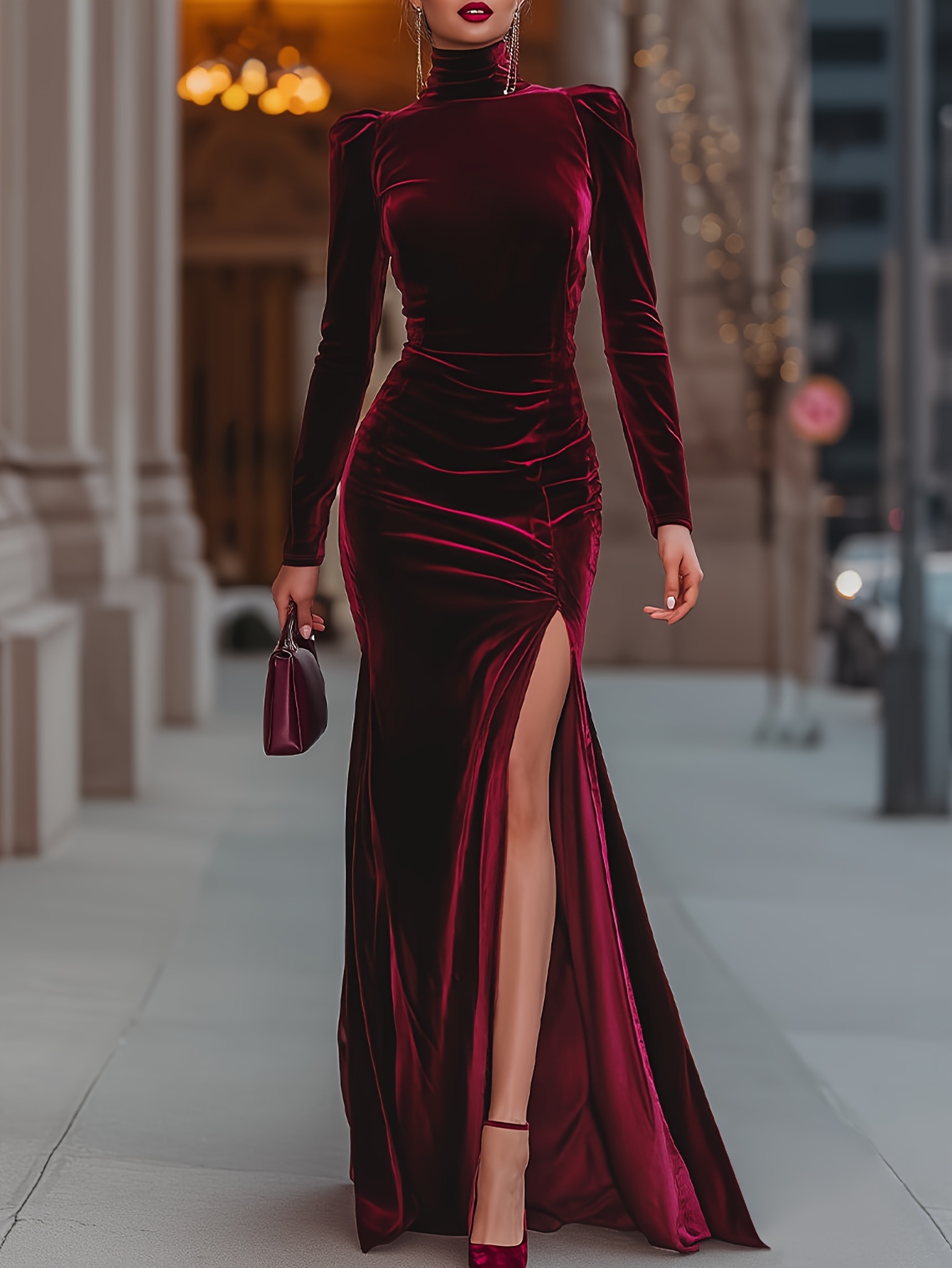 womens elegant winter long formal dress high neck long sleeve a line length with thigh   wrinkle resistant machine washable fabric   party wedding gala gown   for fall winter events red 1