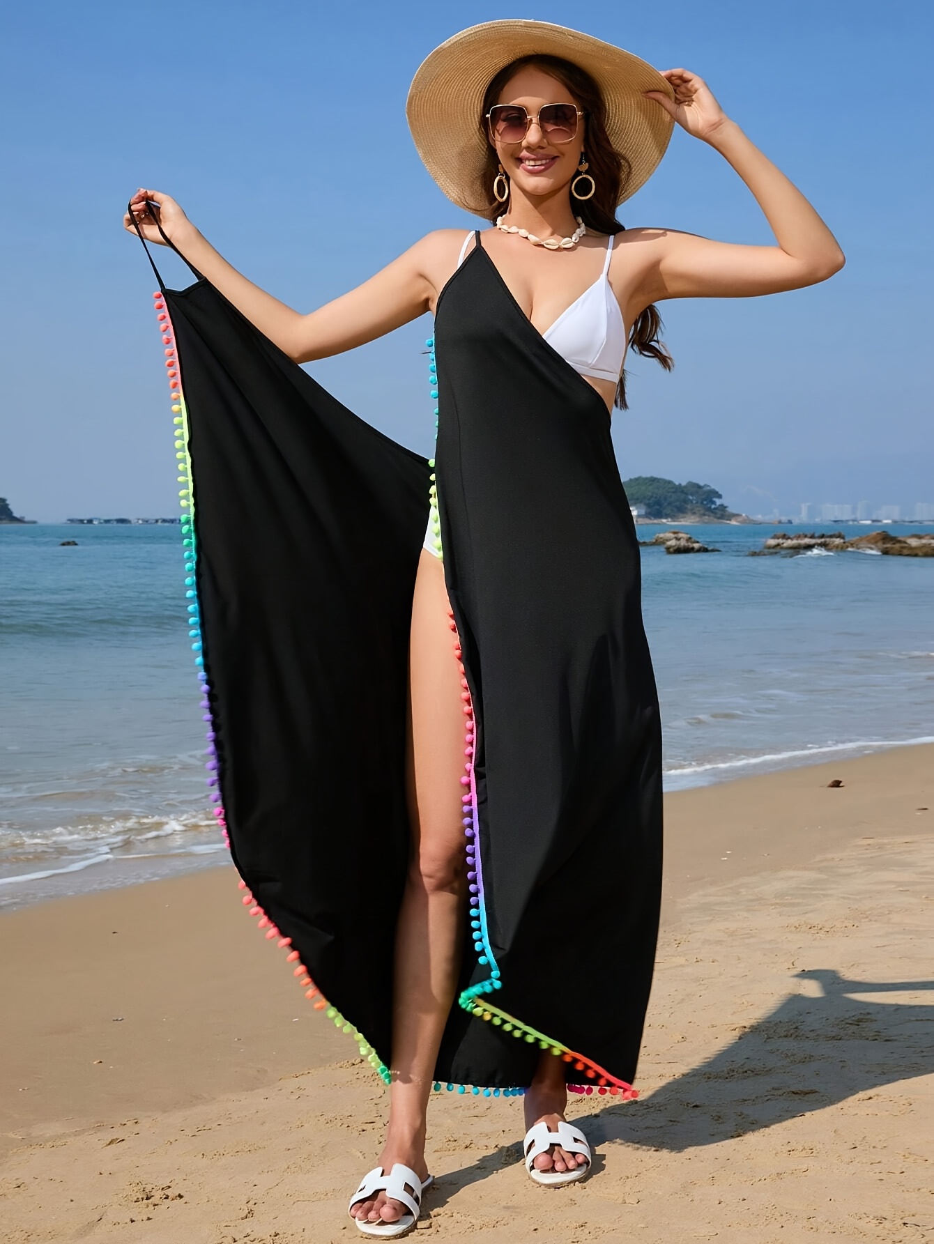 Kimono de Baño Sexy para Mujer Vestido de Playa Sin Espalda con Tirantes  de Piscina y Vacaciones Lavable a Máquina Fluyente,