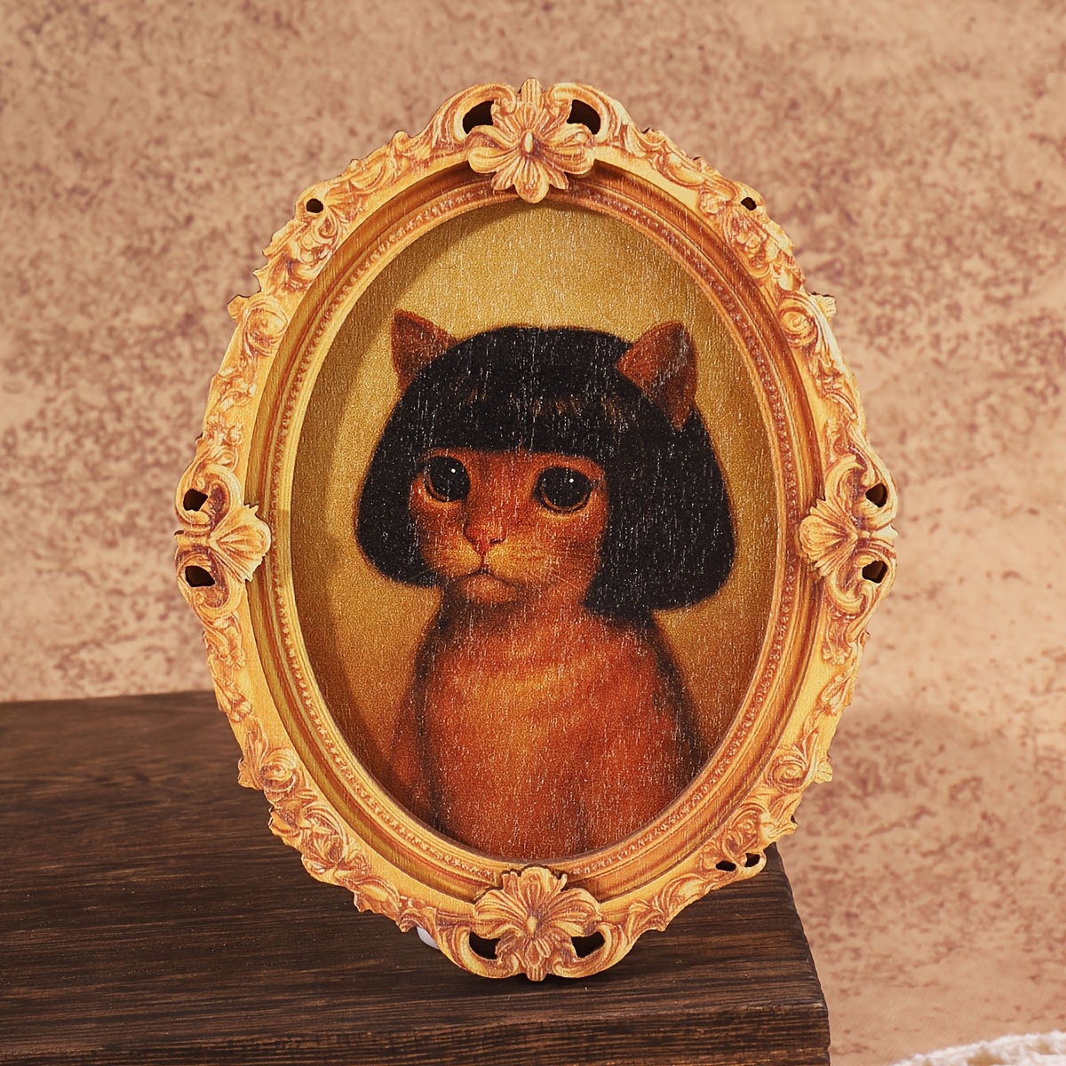 TEMU 1pc Vintage Mini Picture Frame Fridge Magnet With & Wig Design - Wood Oval Frame, Kitten Photo Holder For Refrigerator Door, Decor Gift Suitable And Dining Room