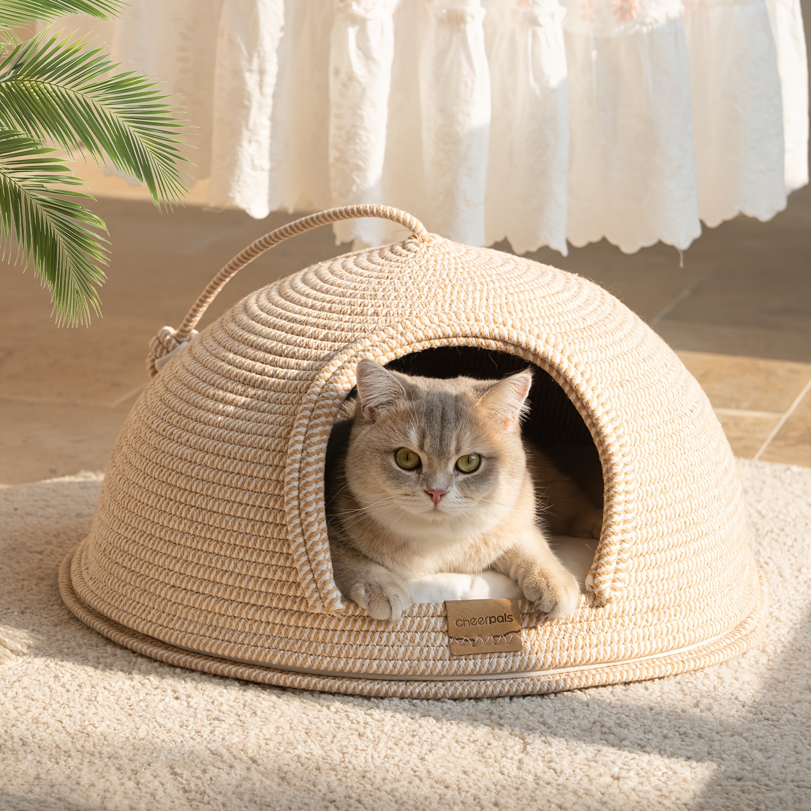 Cheerpals Cat Cave And Cat Bed Large (53 Cm) - Dimensionally Stable Cuddly Cave Cat Made Of Yarn Wicker, 2-in-1 Cat House With Removable Lid And Washable