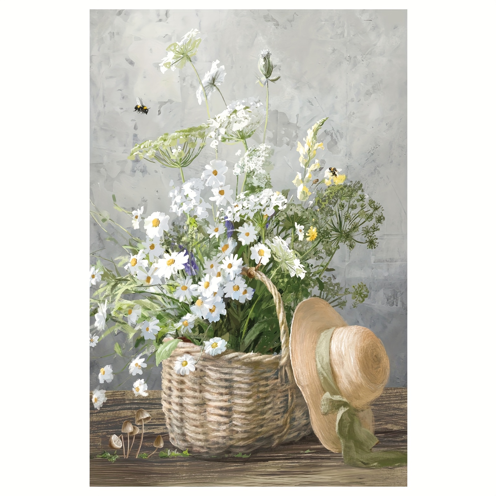 TEMU [2d Flat] 1pc Rustic Daisy Country Flower Still Life Art Poster - Frameless Canvas Wall Art, 12x18 Inches, Ideal For Bathroom, Bedroom, Living