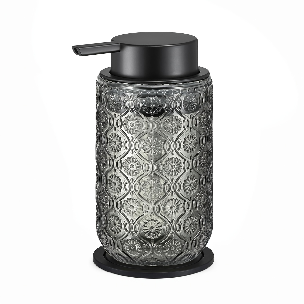 TEMU Distributeur de savon pour en verre avec tapis antidérapant, pompe noire mate, bouteille épaisse en relief rechargeable pour la décoration de