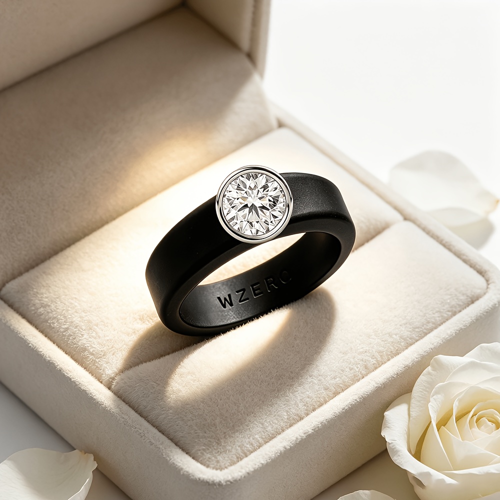Round Zirconia Bezel-Set Silicone Ring for Men and Women