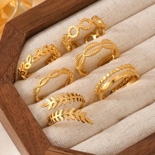 6pcs fashion stainless steel ring set leaf shaped ring geometric opening ring women casual versatile accessory suitable for daily wear and