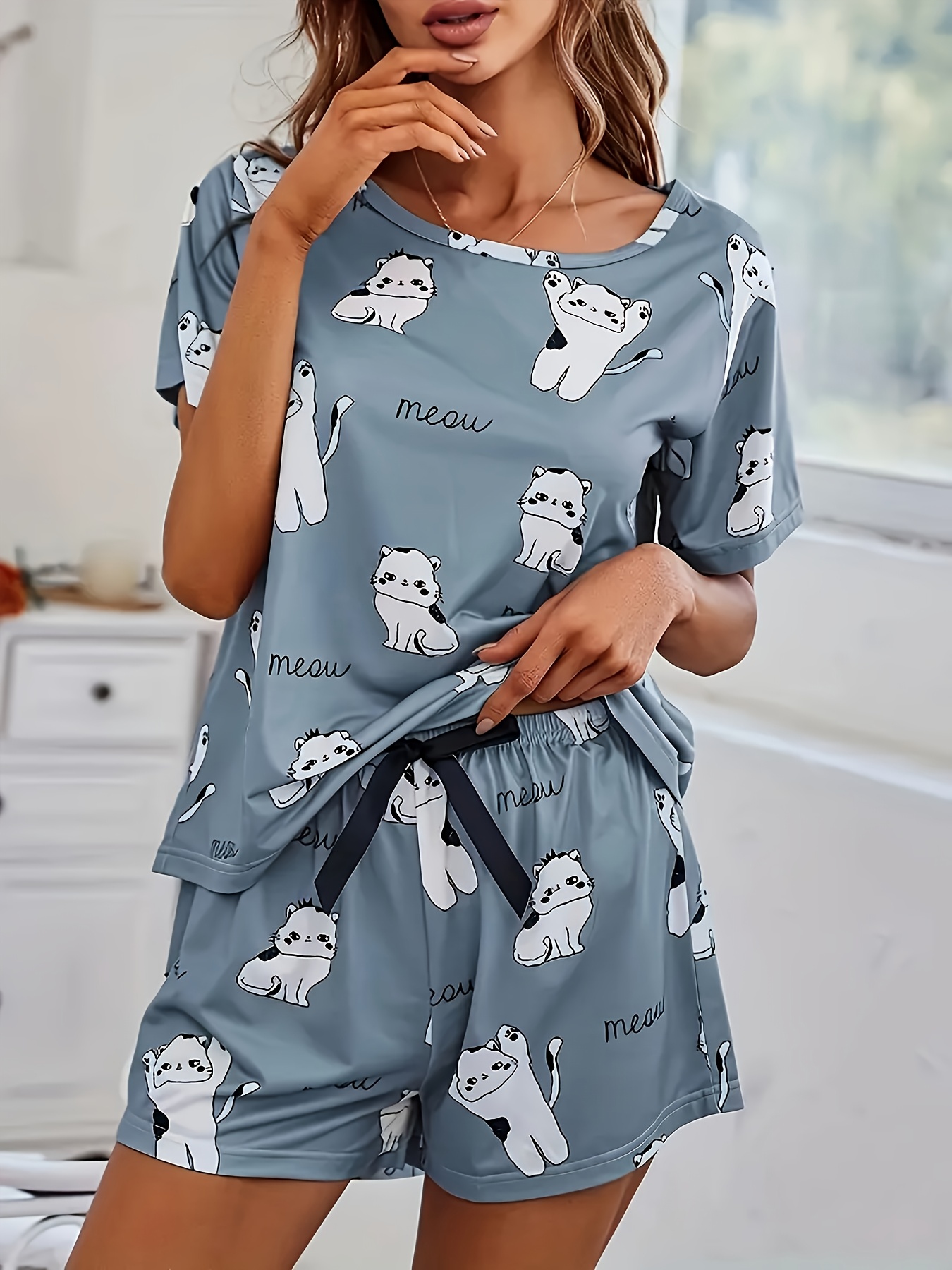 womens pajama set cute cat print short sleeve top shorts light blue casual sleepwear with   design comfortable   loungewear relaxed fit pajamas   print top short sleeve top pajamas for women