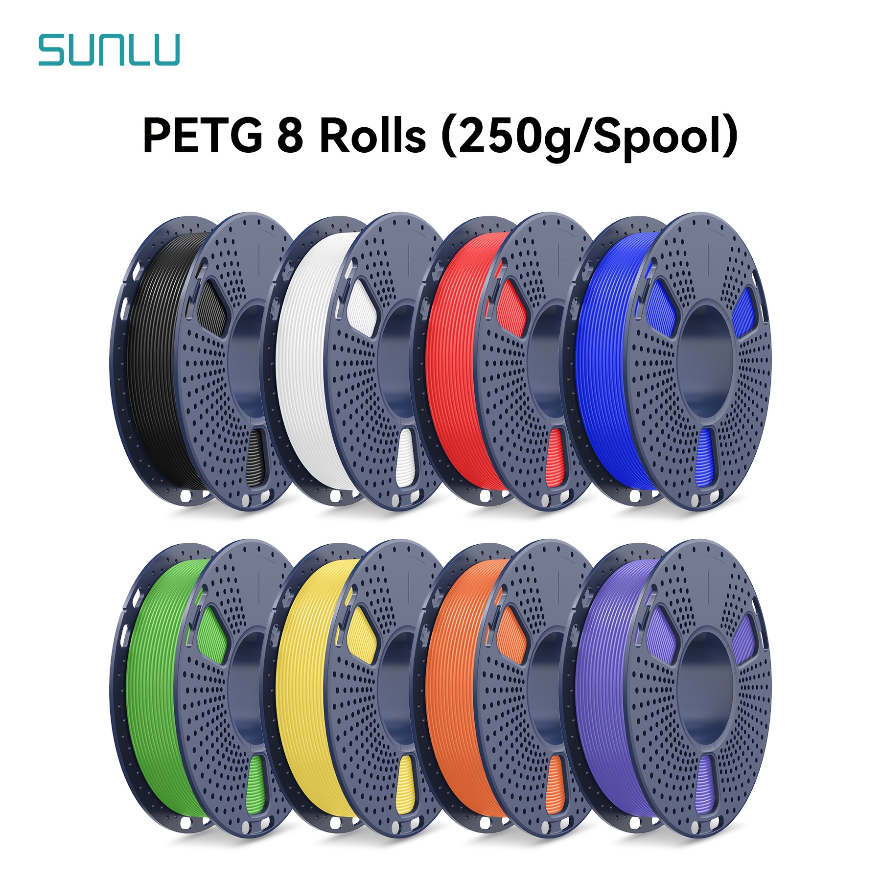 Sunlu 2kg Petg Filament, 3d Printer Filament Multi Color Set, 8 Pack 0.25kg Rolls, 1.75mm, Heat Resistant, Low Deformation, (black, White, Red, , Green, Yellow, , Lavender Purple)