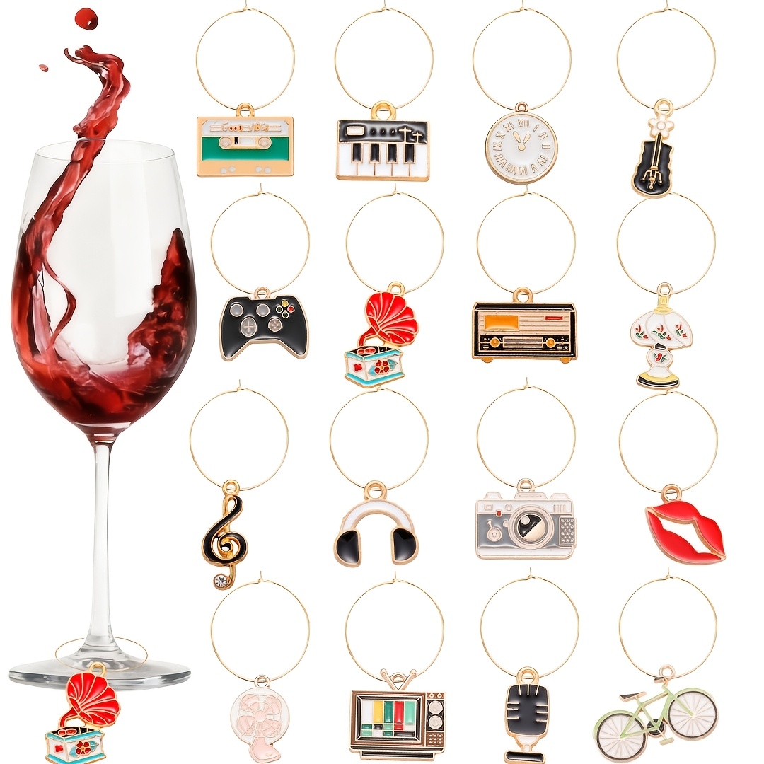 Image of 16pcs Vintage Wine Glass Charms Set - 80s Glass Wine Cup Markers For Stemware Decoration, Bachelorette Party, Wine Favors Decorations Wine Glass Identifiers