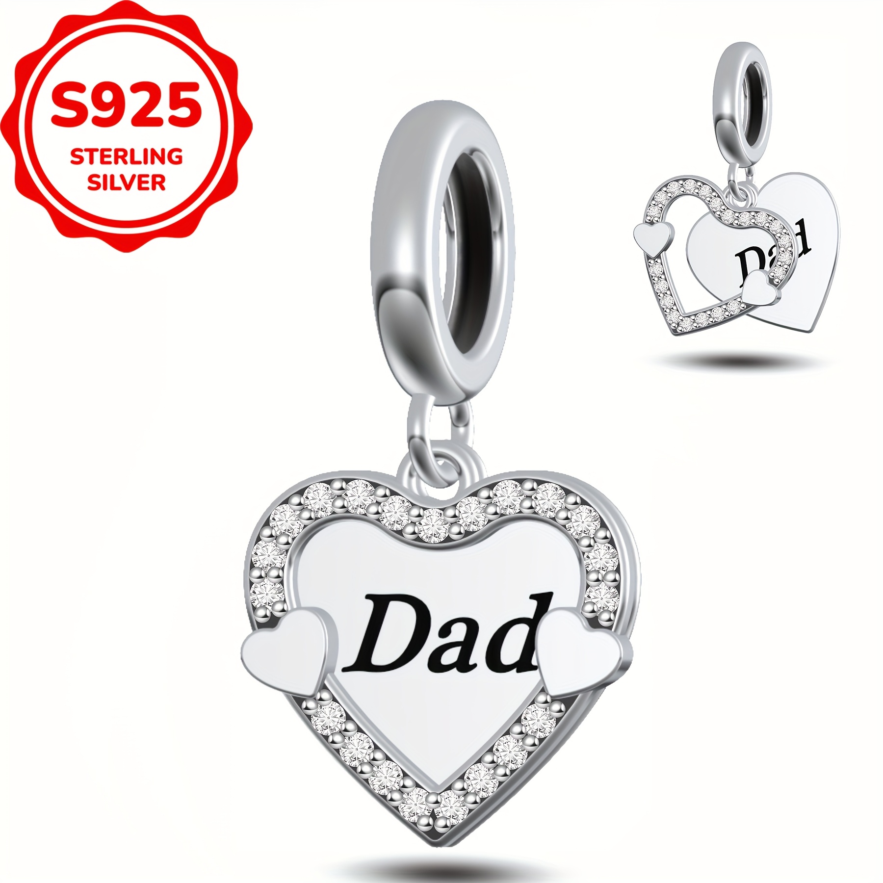 Image of 1pc 925 Sterling Silver Dad Heart Shaped Design Bracelet Or Necklace Charms Beads Making Jewelry Additions ( 1.8g )