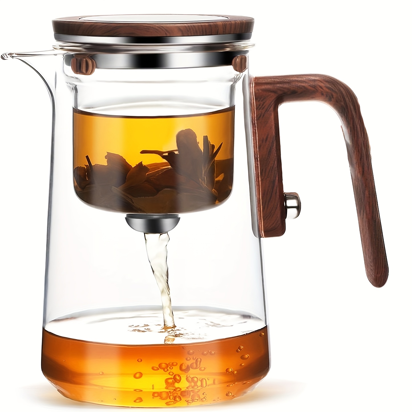 TEMU 600ml/800ml Glass Teapot One-button Filter Tea Kettle Water Separation Glass Tea Pot With And Wooden Handle For & Loose Leaf Tea White Elephant