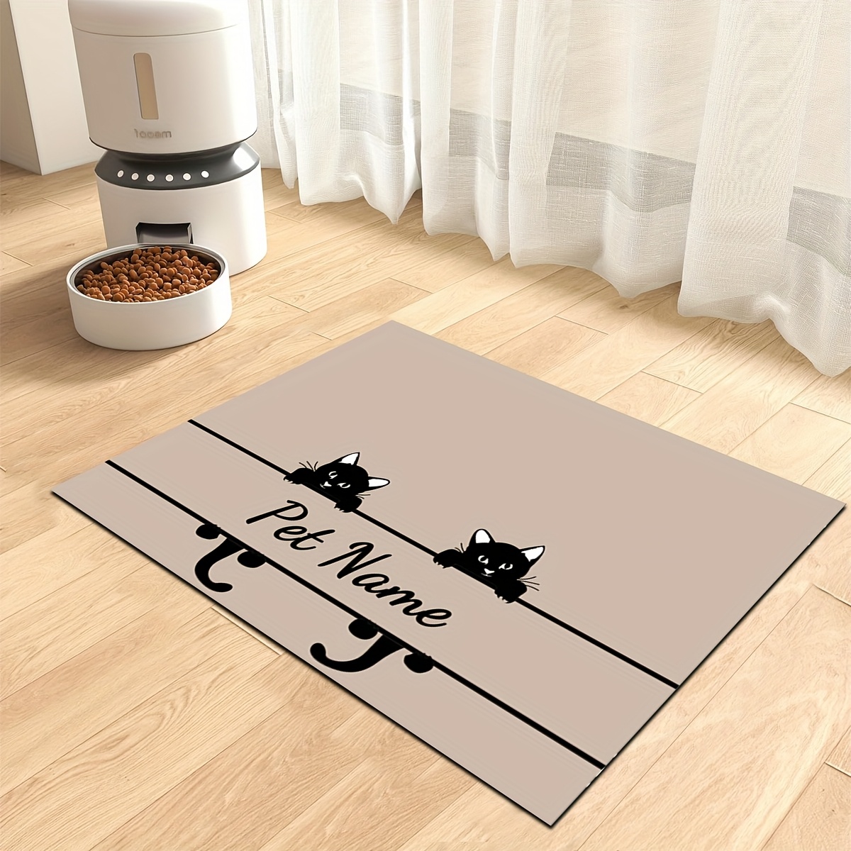 TEMU 1pc Personalized Cartoon Cat Print Pet Feeding Mat - Custom Name, Non-slip Polyester, Ideal For Food & Water Bowls, Accessories, Home Decor,