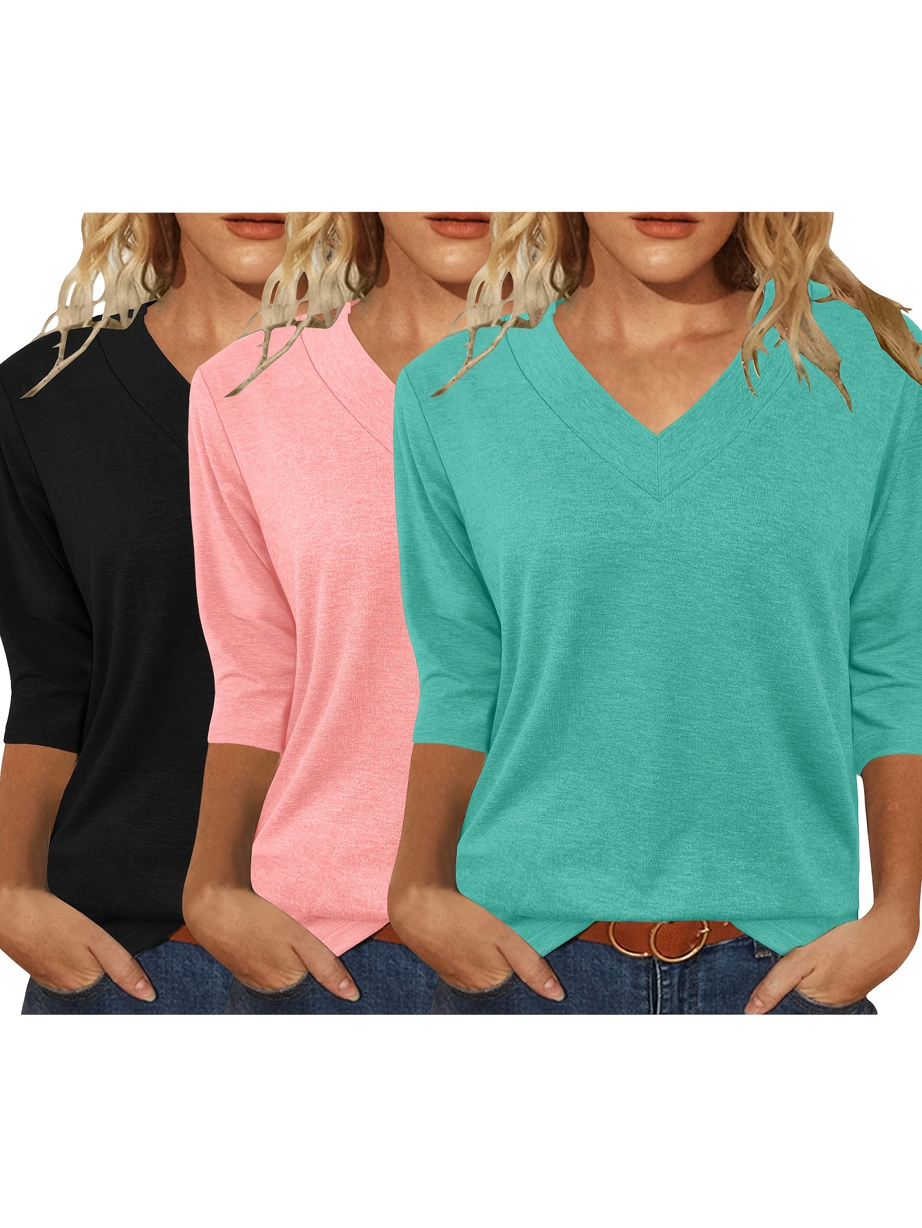 three piece womens 3 4 sleeve top set fashionable casual shirt comfortable and breathable v neck three quarter sleeve t shirt