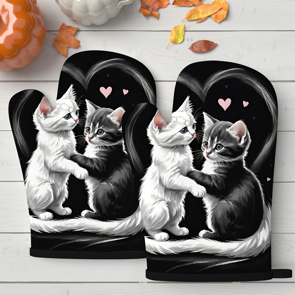 TEMU 2pcs Cute Oven Mitts - Watercolor Illustration Of 2 Cats' , Heat-resistant, 10.63x6.69 Inches, Polyester Kitchen Accessories, Suitable For
