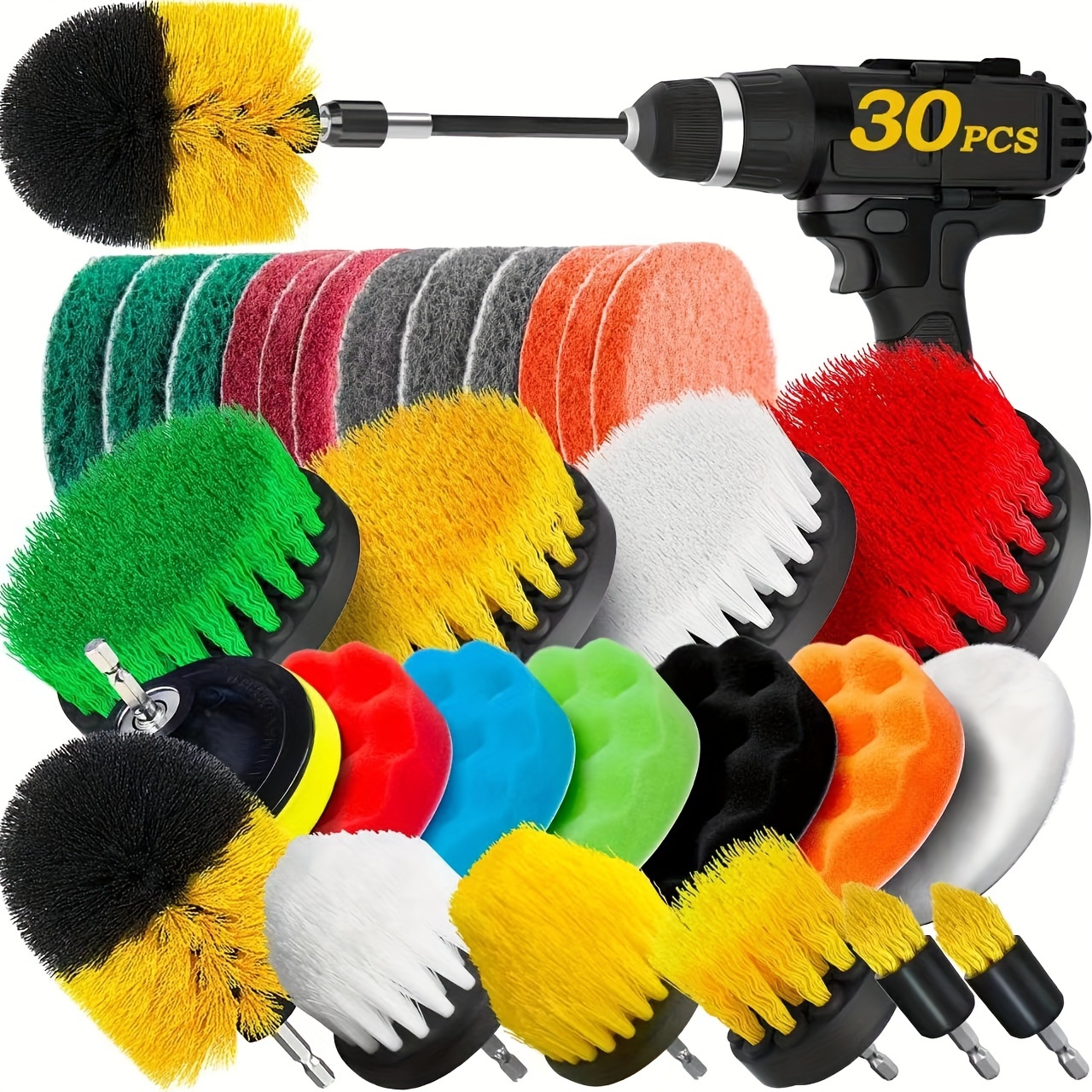 

30pcs, Drill Brush Attachments Set, Scrub Pads & Sponges, Buffing Pads, Power Scrubber With Extension, Car Polishing Kit, Cleaning Supplies For Shower Scrubbing, Tile And Grout Brushes,