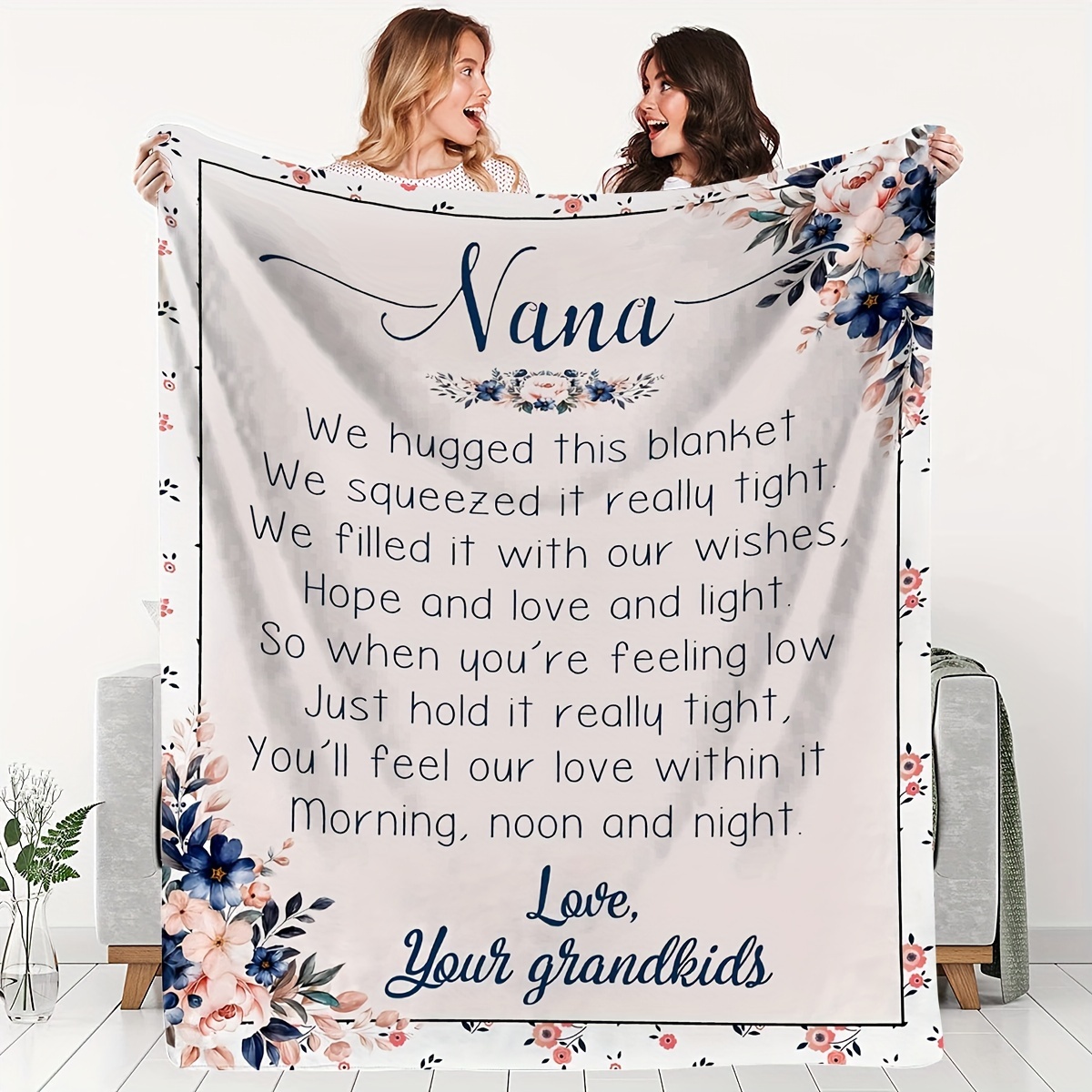 

Preppy Style Customizable Nana Throw Blanket With Floral And Heartfelt Message - Soft Flannel Fleece, All Seasons Knit, 100% Polyester, Perfect Gift For Grandmother From Grandkids