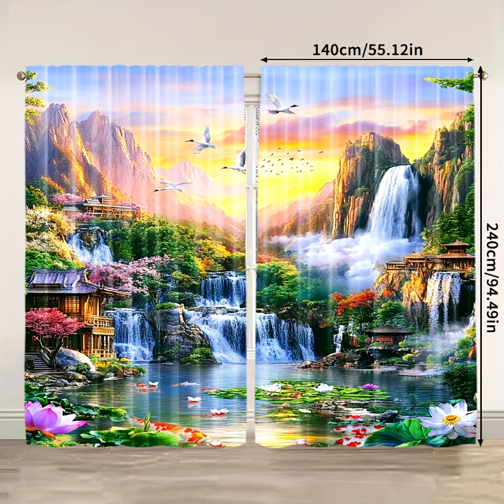 TEMU 2 pièces de Rideaux Paysage Asiatique - , Cygne et Carpes Koi pour Fenêtre Lotus - Semi-opaques Filtrant pour Salon, Chambre, Cuisine -