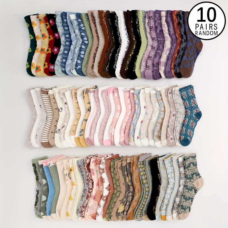 

10/20 paires de chaussettes à motif floral en relief, chaussettes mi-hautes de style vintage mignonnes pour et l'hiver, bas et bonneterie pour femmes