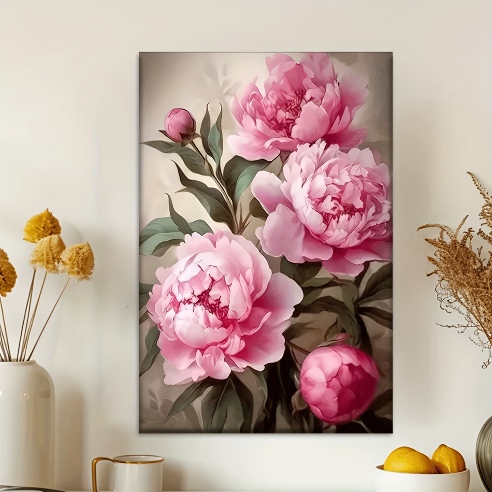 TEMU 2D Plat, [1 stuk], Canvas schilderij – Ongelijst, Roze pioenroos, Decoratief hangornament, woonkamer, bibliotheek, kantoor, café, bar, abstracte