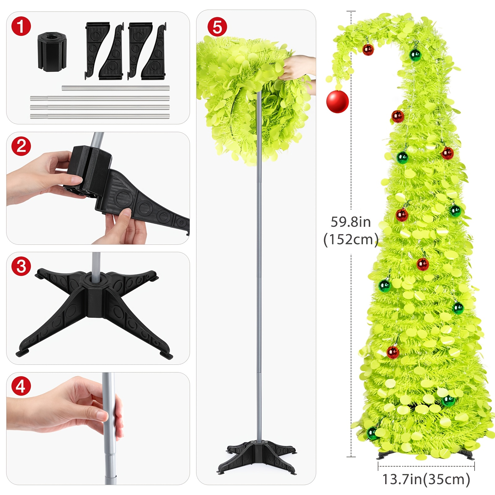 TEMU 5ft Green Collapsible Pencil Christmas Tree With Snow Flocked, Shop Window Decoration, , With Tree Skirt, Christmas Ball, Artificial Christmas