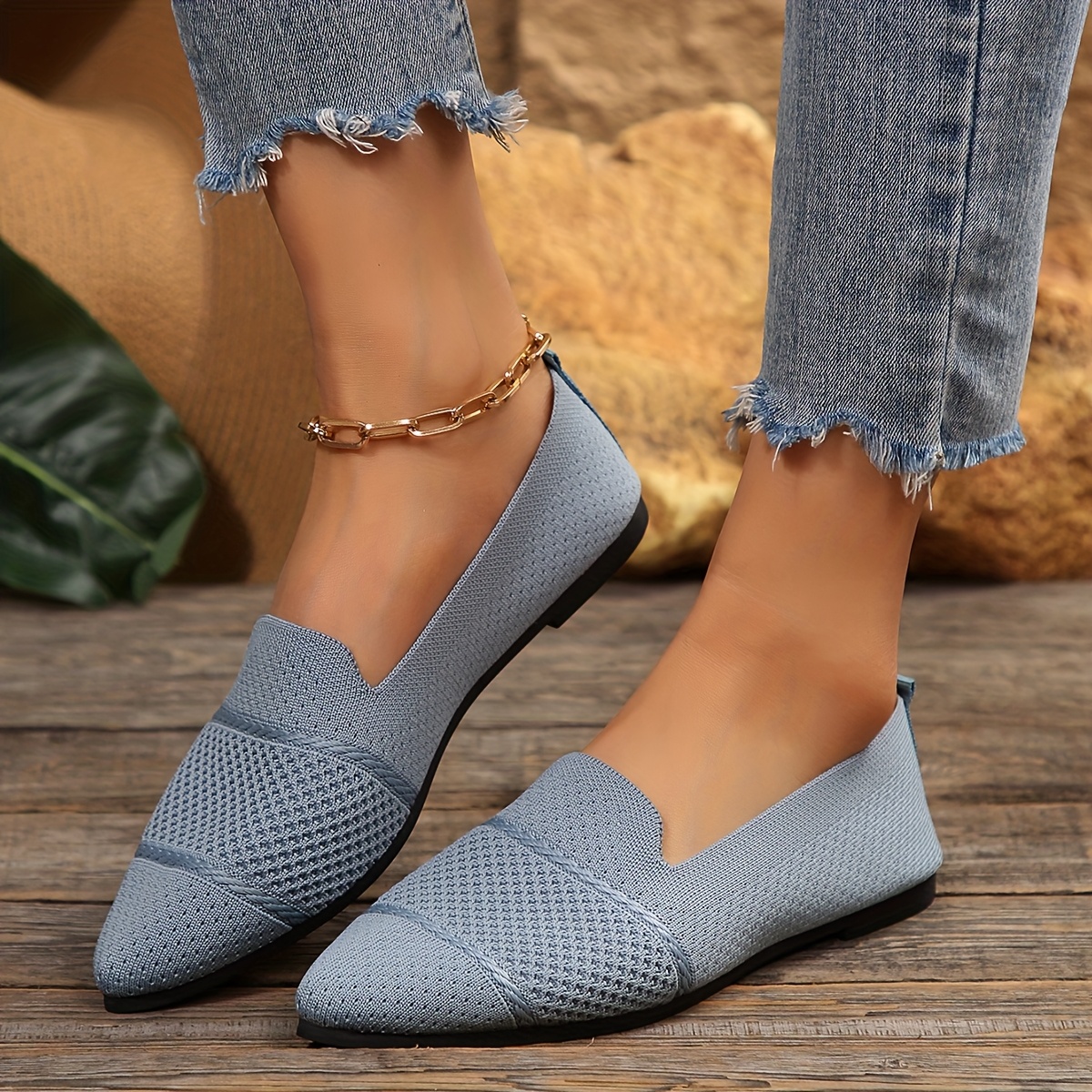 Elegant Ballet Flat Shoes For Women, Slip-On Breathable Soft Sole Daily Knitted Ballets, Point Toe Daily Wear