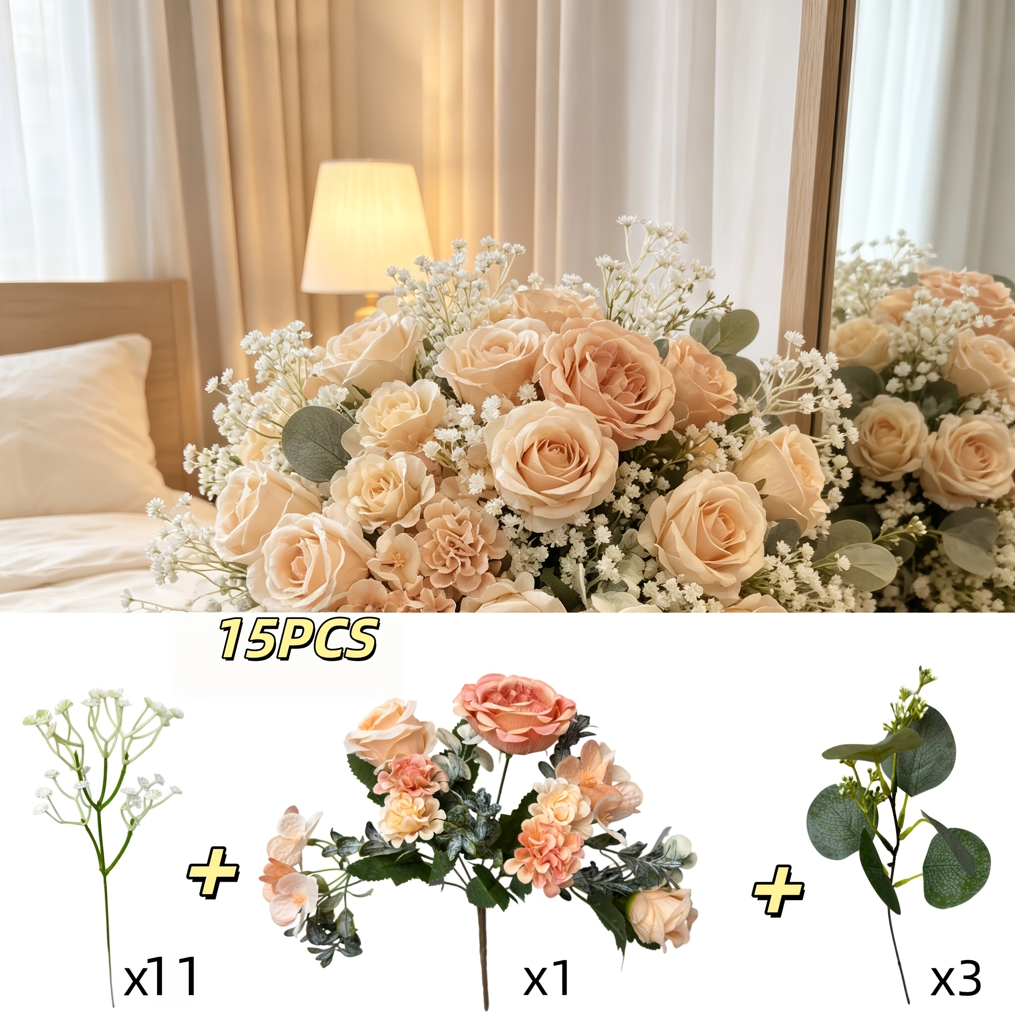 TEMU 15pcs-champagne Pink Faux Rose Bouquet Eucalyptus Star Flower Mixed Handheld Bouquet Set, 1pc Champagne Pink Faux Rose Bouquet And 3pcs Faux