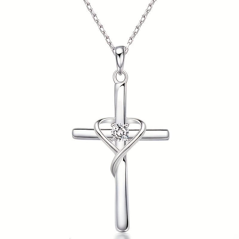 Image of 1pc Women's Fashion Pendant Necklace, With Shiny Synthetic Zirconia Heart Cross Necklace, Casual Party Promise Gift For Ladies, Easter Present