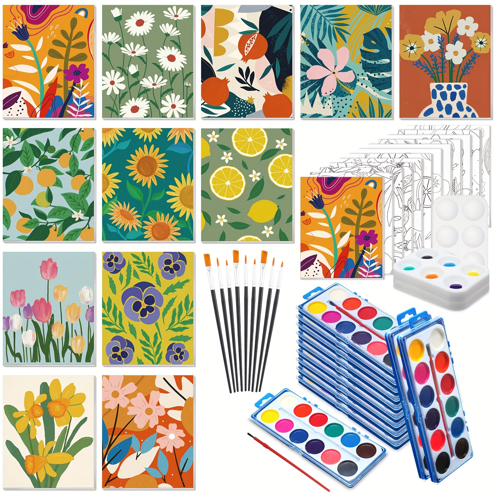 

12 Pack Pre Drawn Canvas Kit 12 Pcs Pre Printed Canvas Cute Canvas Painting Set 12 Watercolor Paint Sets 12 Brushes 12 Pallet For Adults Diy Paint (flower, 8 X 10 In)