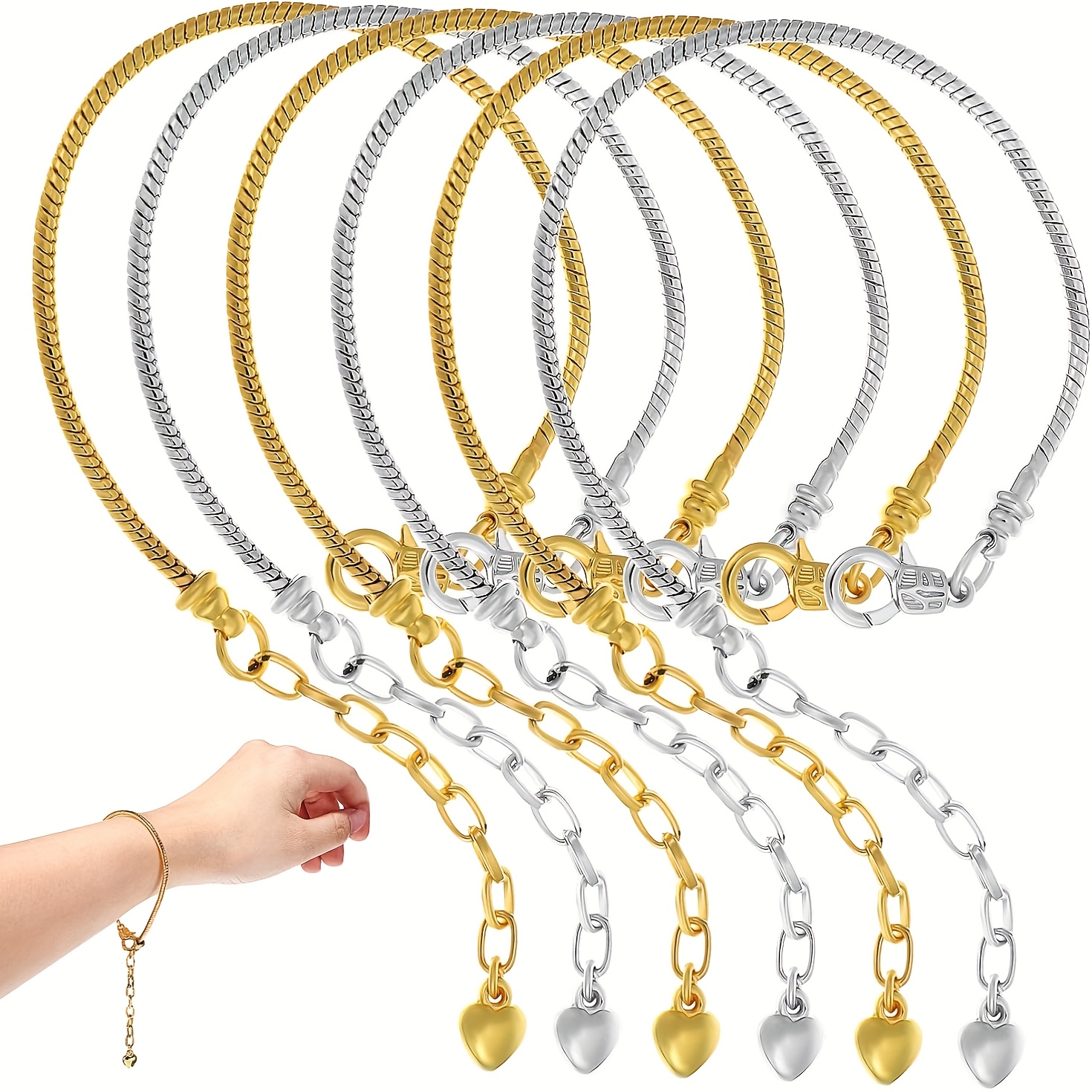 TEMU 5 Adjustable Snake-shaped Bracelets, Heart-shaped Metal Bracelets, Handmade Bracelets For Women's Jewelry Making